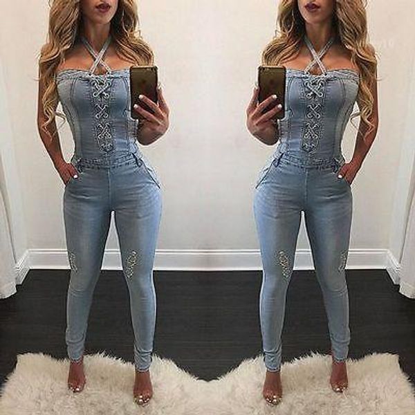 

2017 new fashion summer bandage women fashion denim jeans bib pants overalls straps jumpsuit rompers trousers1, Blue