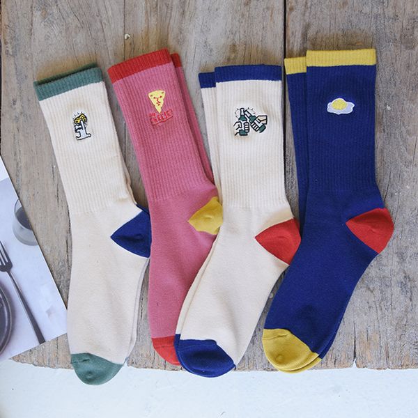 

autumn and winter new women's socks korean youth college style fried egg toast cartoon embroidered cotton tube socks wholesale, Black;white