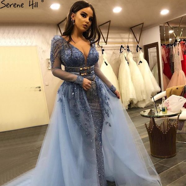 

blue dubai luxury sequined sparkle evening dresses 2019 v-neck long sleeve beading evening gowns serene hill la60858, White;black