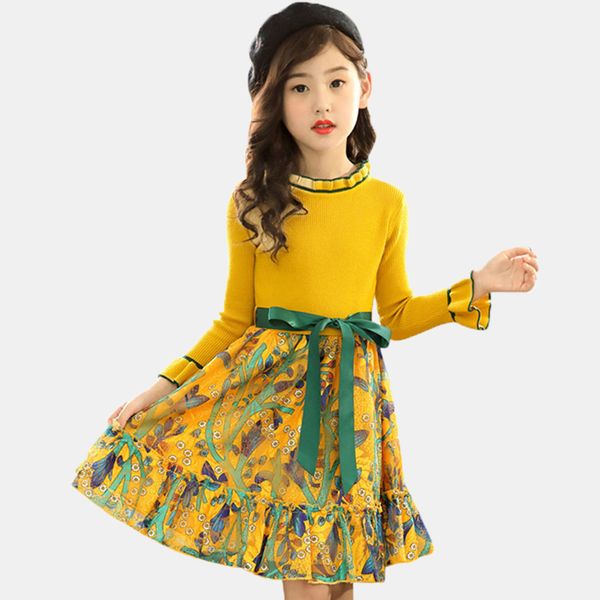 

girls dress floral pattern girls knitted dress casual patchwork children party dress winter kids girls clothes 6 8 10 12 14 year, Red;yellow