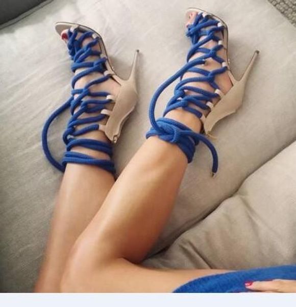 

gladiator sandals women pumps luxury designer rope lace up strappy high heels sandalia braided leather summer shoes woman, Black