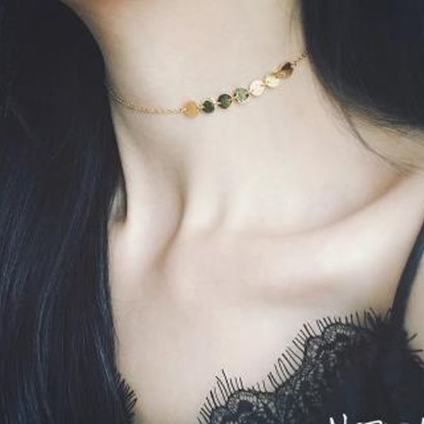 

gold coin choker necklace stainless steel for women small round collar chain necklace ins 2020, Golden;silver