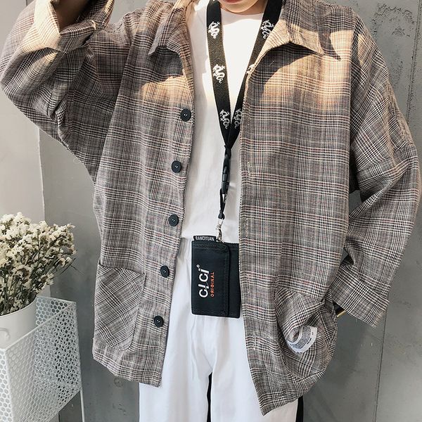 

2018 japanese style men's lattice printing casual coats cotton clothes long sleeves loose fashion grey/khaki shirts size -2xl, White;black