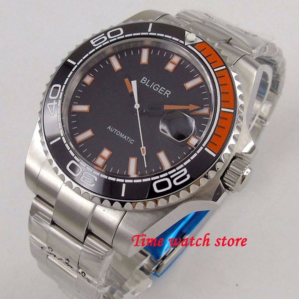 

bliger 43mm men's watch black dial luminous sapphire glass ceramic bezel miyota 8215 automatic movement wrist watch 172, Slivery;brown