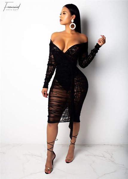 

ruffle bodycon dresses sheer lace bodycon plus size s-4xl women v neck off shoulder long sleeve sheath midi club party dress, Black;gray