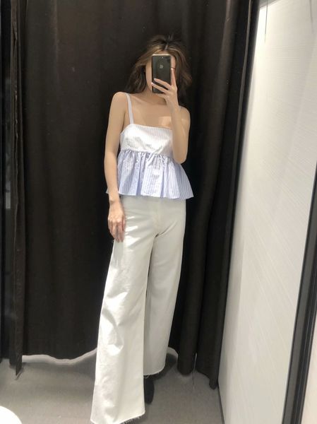 

western style 2019 summer new style blue and white mixed colors stripes camisole flounced women's playful small vest, Black;white