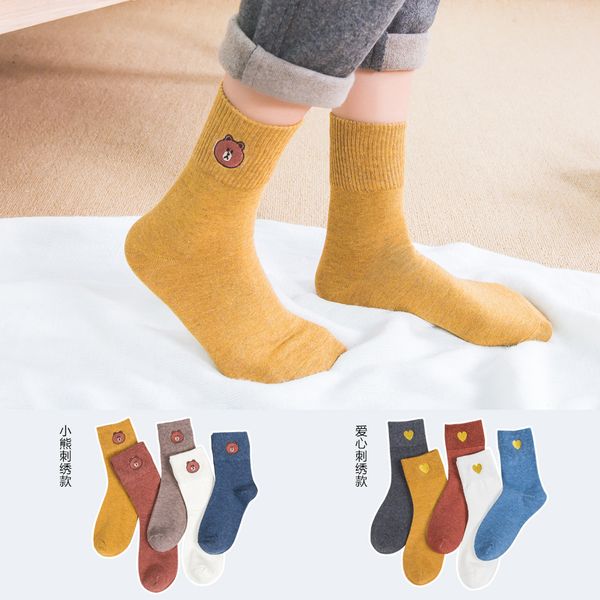 

20pairs/set factory autumn winter women socks embroidered bear socks cute japanese cotton women cotton ladies cute, Black;white