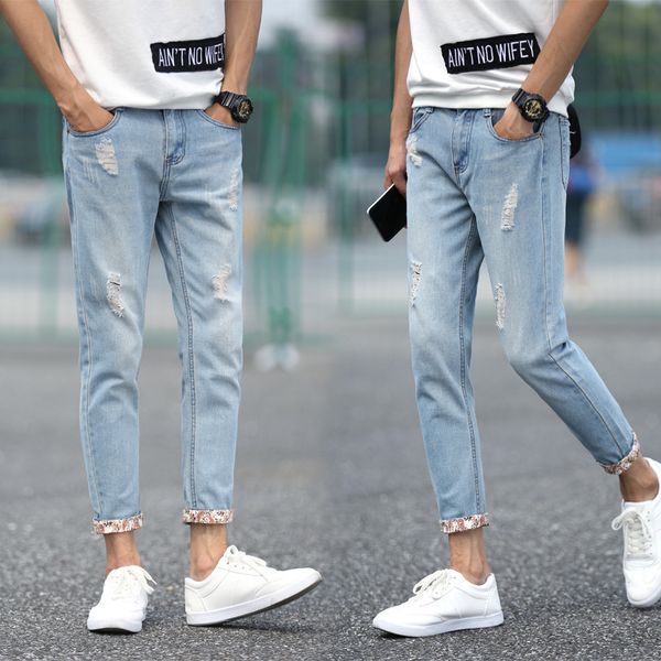 

2019 cholyl men stretch jeans side stripe biker jeans denim ripped knee holes slim supper skinny hip hop nine men, Blue