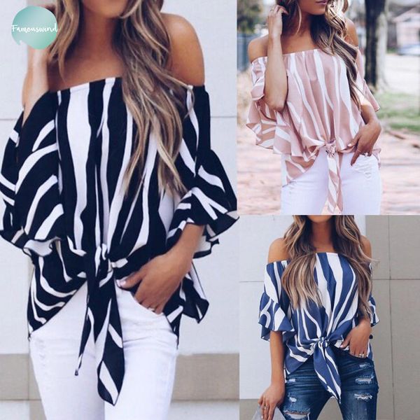 

fashion women tie striped off shoulder waist short sleeve casual shirts floral print 8.16, White