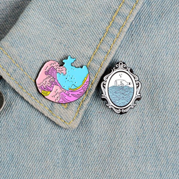 

drifting bottle enamel pins custom ocean sea wave brooches lapel pin shirt bag om badge fun jewelry gift kids friends, Gray