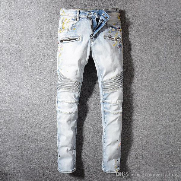 

jeans mens distressed ripped biker jeans slim fit motorcycle biker denim hip hop mens designer jeans, Blue