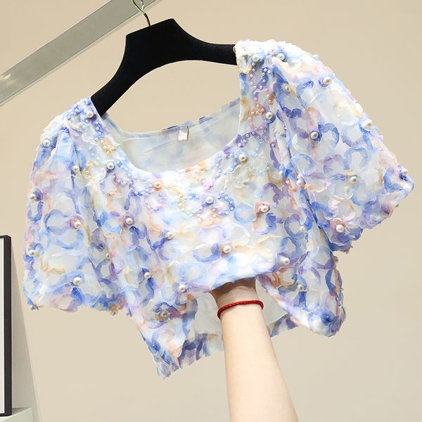 

short beaded slim chiffon shirt female summer crop short sleeve shirt ladies colorful blouse blusas mujer blusa, White