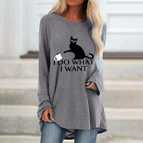 

fashion cat print t-shirt loose tee plus size casual winter lady o-neck female women long sleeve shirt blusas pullover, White
