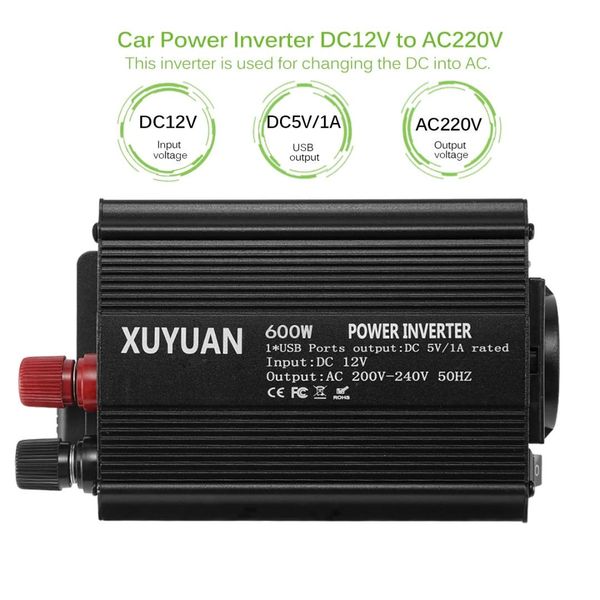 

car power converter inverter 600w dc12v to ac220v auto car inverter adapter charger 1 usb output interface eu socket
