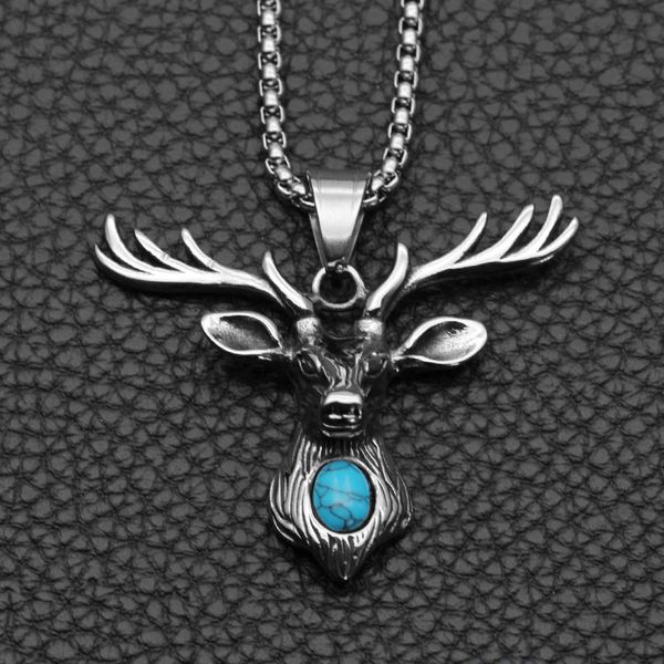 

hemiston fashion titanium steel blueturquoise large horn deer pendant necklace, Silver