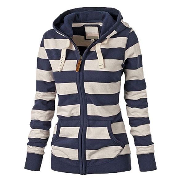 

women warm striped hoodie sweatshirt hooded pockets jacket zipper coat, Black
