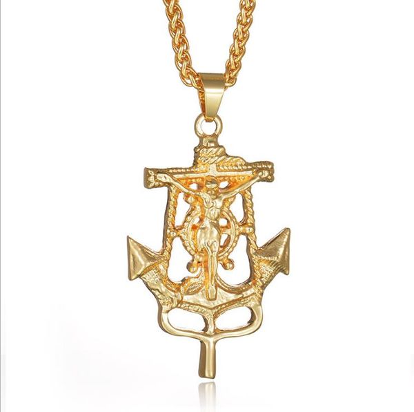 

new european and american pop fashion hip-hop cross necklace naval bone carving jesus anchor pendant men's personality jewelry, Silver