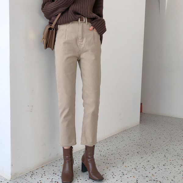 

новый тонкий высокой талией джинсы женские флисовые прямые укороченные брюки, Blue