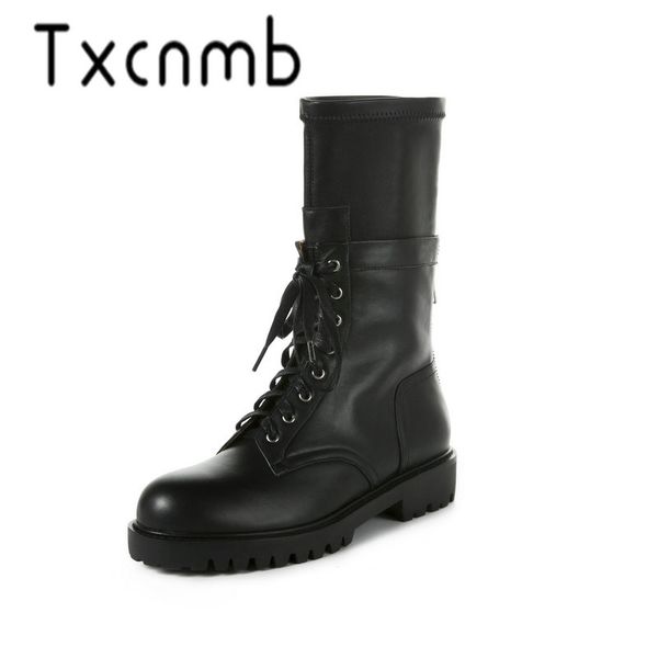 

txcnmb lace up boots 2019 fashion thick heel mid-calf boots women high heels autumn winter shoes woman platforms, Black