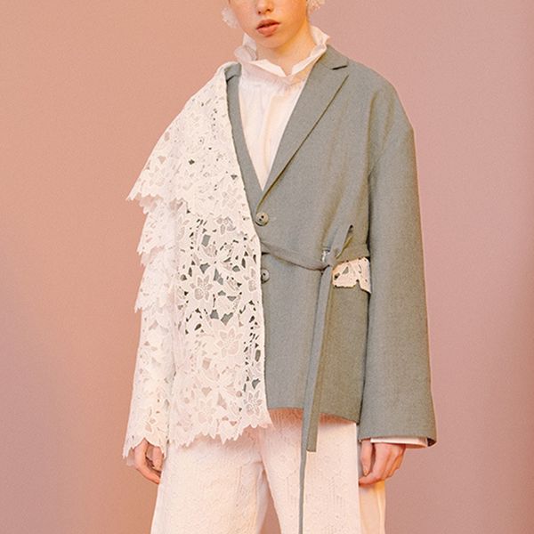 

women blazer lace patchwork asymmetric high street blazer jacket, White;black