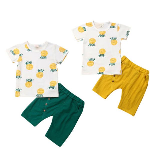 

toddler baby bibs kids boy brief pineapple printing short sleeve t-shirt+shorts outfits kids summer children clothes set 2019, White