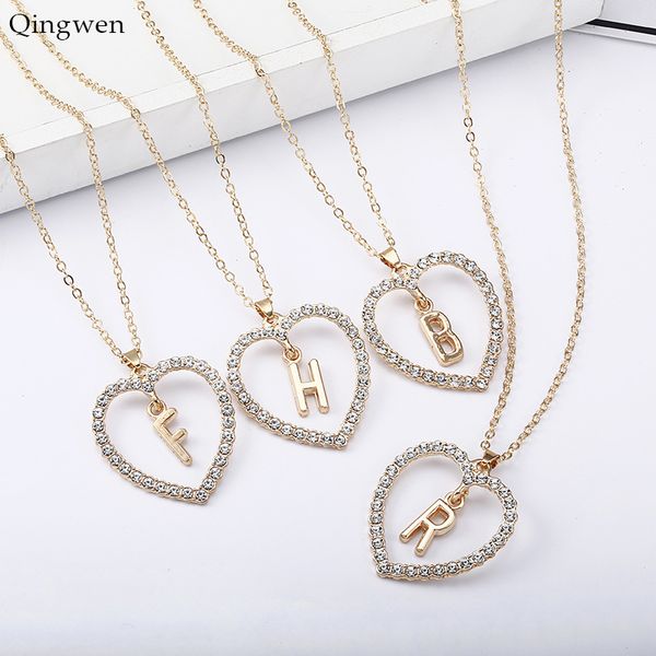 

qingwen 2019 simple gold love heart necklaces & pendants double rhinestone choker necklace women statement jewelry ca3057/w, Silver
