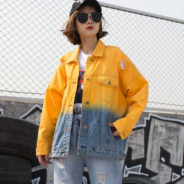 

women's jackets 2021 hit color loose large size denim jacket women coat lapel long sleeve all-match harajuku style jeans q022, Black;brown