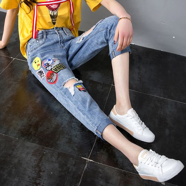 

loose bf hole map stickers street fashion jeans women 2019 spring and summer personality edge leisure harem pants wholesale, Blue