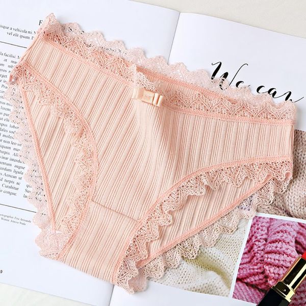 

plus size women cotton panties female solid color ribbed breathable briefs lace edge underwear 2020, Black;pink