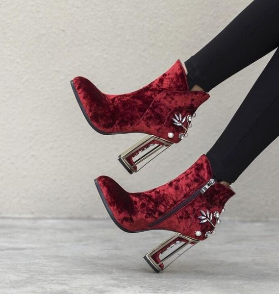 

new string bead pearl crystal birdcage heel ankle boots women suede rhinestone strange style heel short boots lady wine red boot, Black