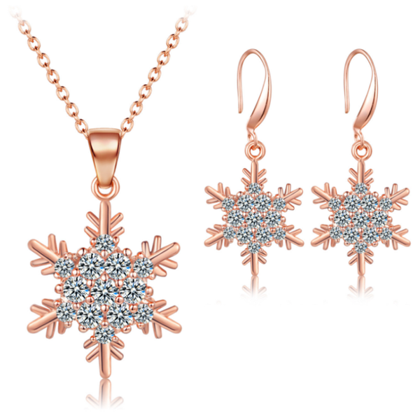 

fyjs unique rose gold color alloy snowflake pendant with cubic zircon necklace drop earrings for christmas gift jewelry sets, Silver