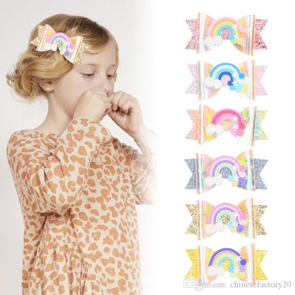 

baby girl hair clip bow rainbow sequins barrette hairbow hairpin for hair head accessories 6 colors, Slivery;white