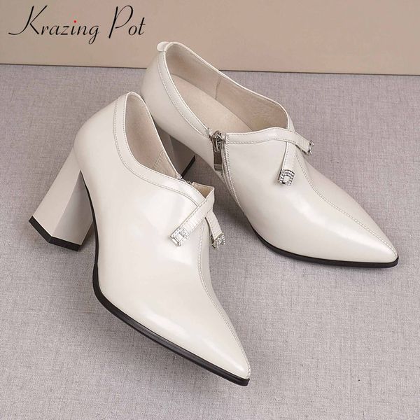 

krazing pot elegant solid simple style genuine leather shoes crystal pointed toe high heels side zipper women big size pumps l79, Black