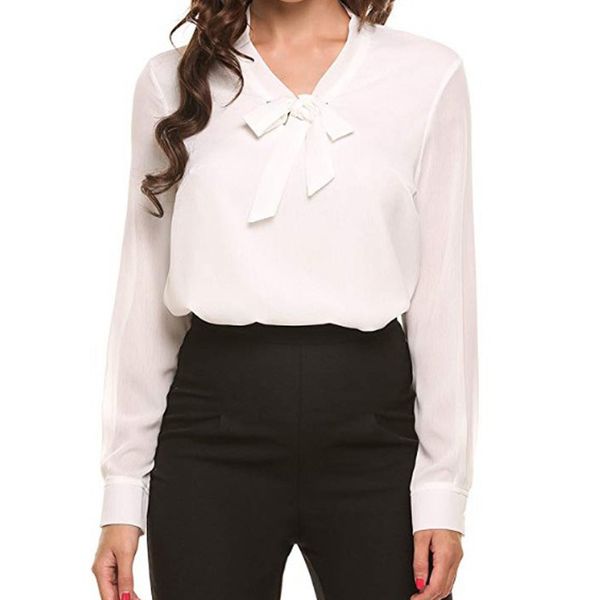 

womens bow tie neck long sleeve casual office work chiffon blouse white shirts elegant workwear koszula damska