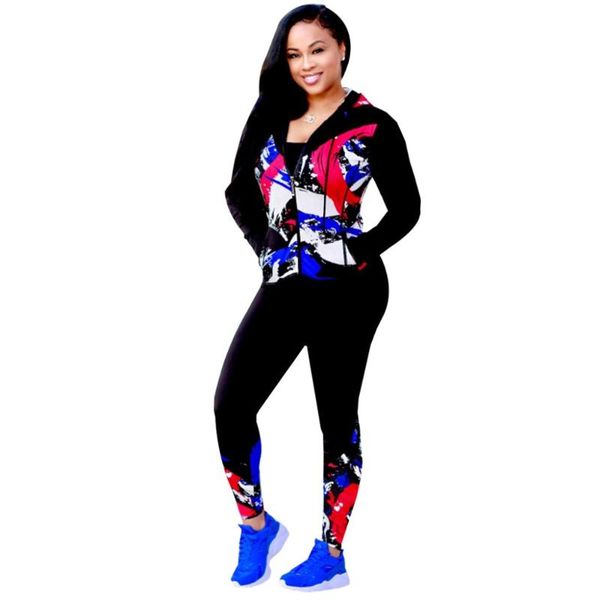 

graffiti print women set casual long sleeve hooded neck zipper with cap coat with pant tracksuit suit female sport set women, Gray