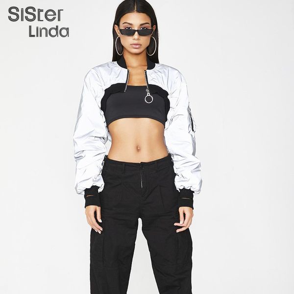 

sisterlinda women cropped reflective sweater fashion long sleeve loose jacket slim zipper pocket patchwork new coat mujer, Black;brown