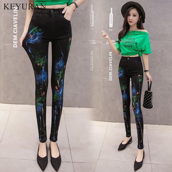 

personality graffiti pencil jeans 2019 spring autumn new casual fashion black elastice painted denim skinny pencil pants l2906, Blue