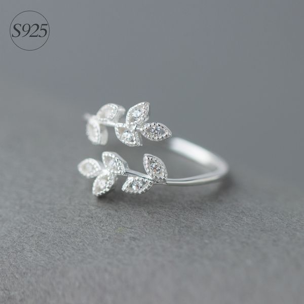 

925 real. sterling silver jewelry white cz paved branch leaf ring adjustable size openable gtlj981, Golden;silver