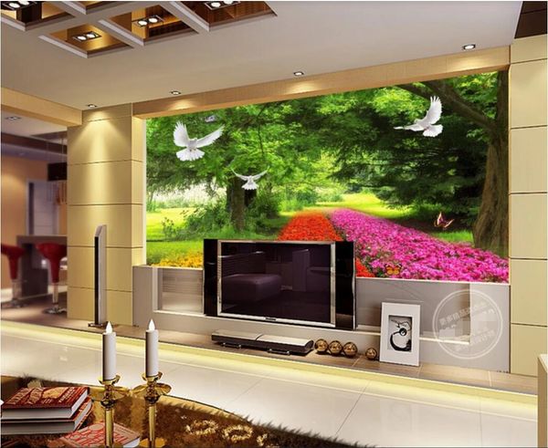 

3d room wallpaper custom p mural green big tree flying pigeons flowers tv background wall wallpaper for walls 3 d