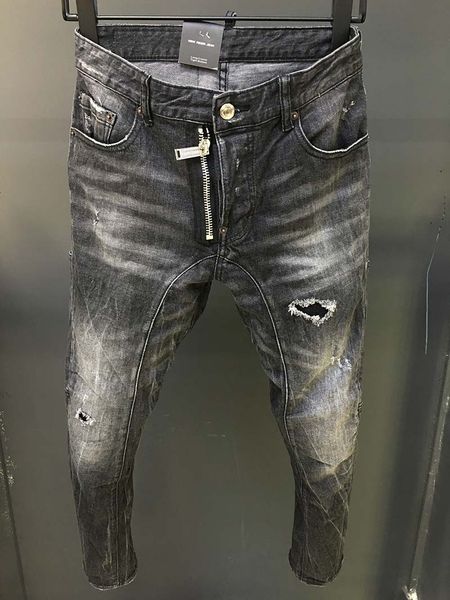 

2020 spring and summer european station light blue scratched denim male hole patch washed high-end tide brand slim feet pants