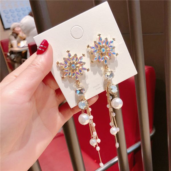 

korea style jewelry silver pin simple snowflake imitated pearl tassel drop earrings for fashion girl women accessories wholesale