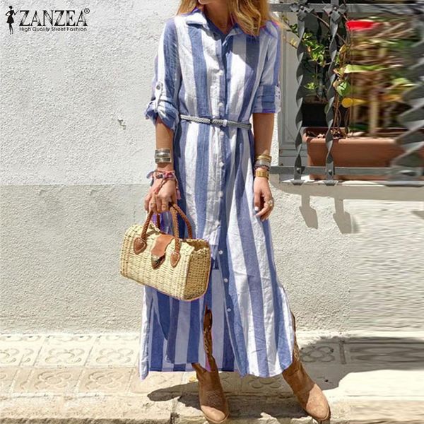 

bohmeian striped maxi dress zanzea 2019 women's summer sundress female long sleeve shirt vestidos plus size tunic robe femme 5xl, Black;gray