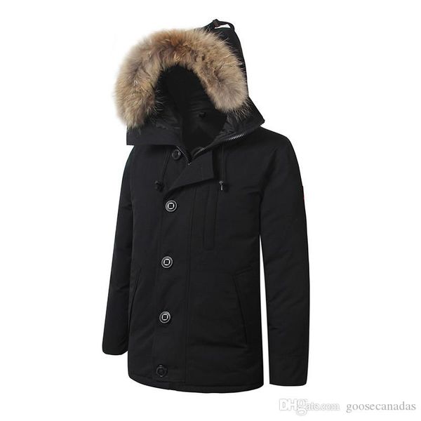 

марка mens весте homme открытый зимний jassen верхняя одежда big fur hooded fourrure манто пуховик пальто hiver parka канада doudoune, Black