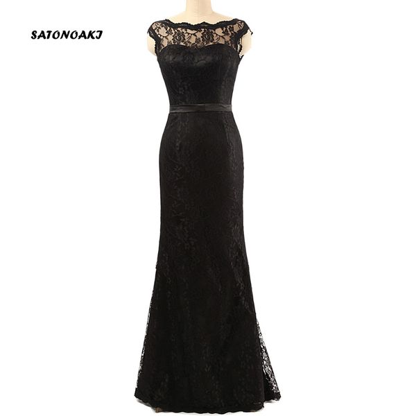 

satonoaki black lace evening dresses v back mermaid simple boat neck floor length dress with bow sash 2019, White;black
