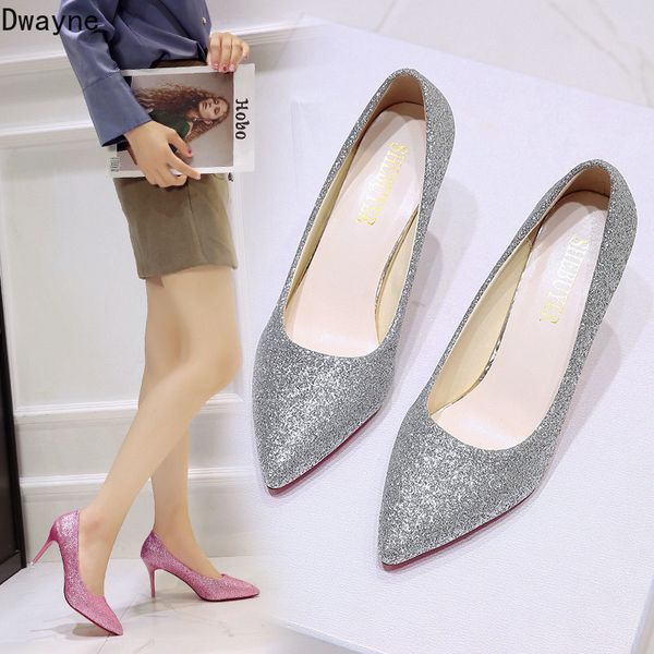 

2019 new women's shoes sequins stiletto heels pointed silver single shoes, Black