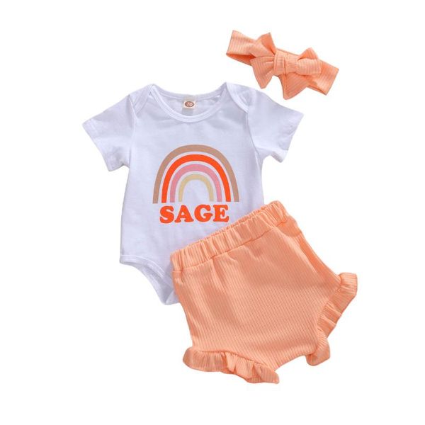 

cute summer newborn infant baby girls clothes sets rainbow print short sleeve romper shorts headband 3pcs outfits suit, White