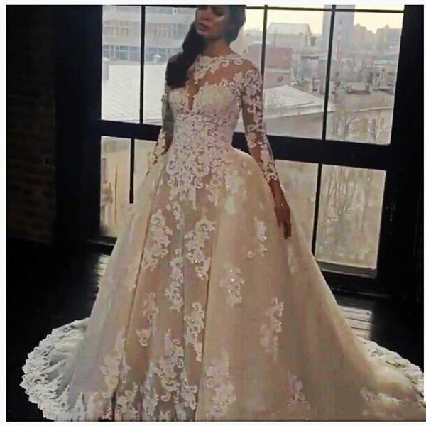 

removable overskirt wedding dresses 2 pieces detachable trail sparkly appliques lace long sleeve bridal gowns custom size, White