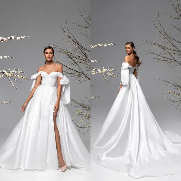 

2021 fashion wedding dresses sweetheart high side split backless bridal gowns custom made lace satin sweep train a-line wedding dress, White