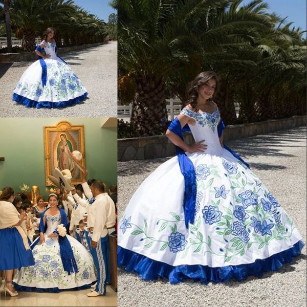 

Бело-синее платье Quinceanera с вышивкой 2020 года с открытыми плечами Милая шея Длинное бальное платье Платье Debutante Vestido de 15 nos