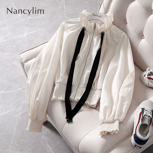 

womennew summer autumn zipper jacket flounce rope jacket female streetwear stand collar long lantern sleeve short coat, Black;brown